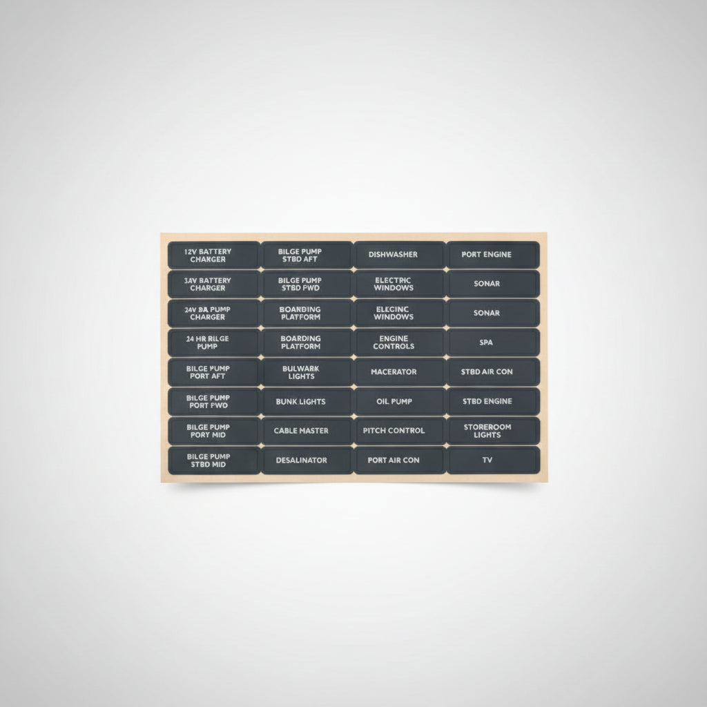 A black rectangular panel with a grid of small dark gray labels and white text, likely a vehicle or electronic control module faceplate.