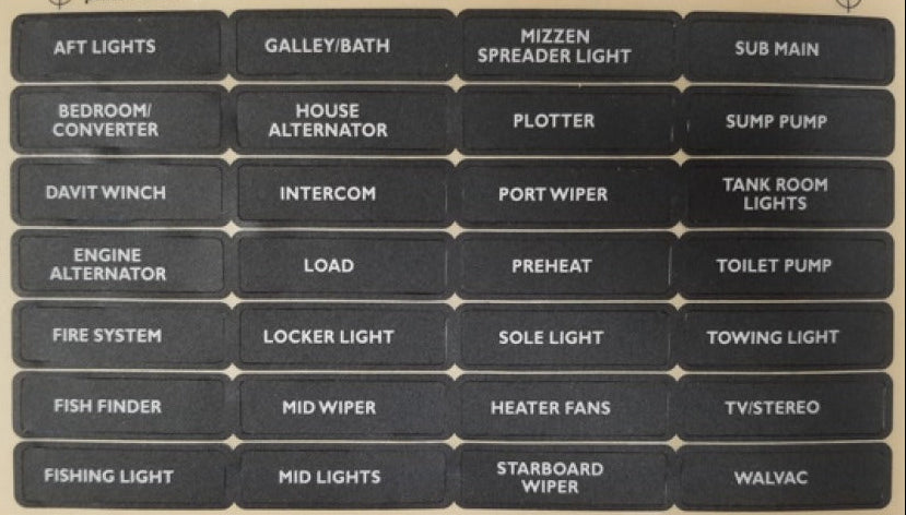 A sheet of black rectangular marine navigation labels with white printed text, arranged in a grid on a light beige backing card.