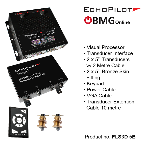 Echopilot 's basic 3D forward looking sonar package. Increase your boat's safety in uncharted waters and remote areas by scanning and displaying the ocean floor in front of the vessel. FLS3D 5B | Buy today