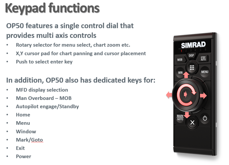 Simrad OP50 wired remote controller. (Portrait mount) 000-12364-001 Keypad functions, MFD, AUtopilot, zoom 